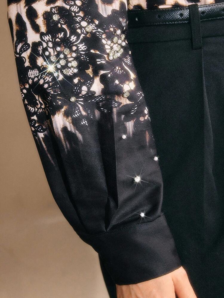 Vintage Farbverlauf Leoparden-Muster Schulter Perlen Regular Fit Langarm Damen Bluse, geeignet für Herbst/Winter, Weihnachten, Neujahr, Party, elegant, luxuriös, formell, schick