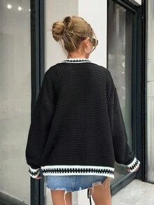 EURMUSE Plus Women Contrast Hem Detailed Front Tie Chunky Cardigan - Black - View 2