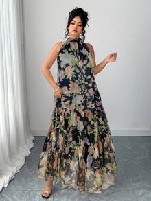 Elenzga Váy lưới họa tiết hoa không tay bằng vải voan thanh lịch dành cho nữ cỡ lớn - màu đen - Xem 5