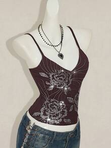 SHEIN ICON Áo hai dây thêu hoa sequin lấp lánh thời trang Boho cổ điển mùa hè Y2k dành cho nữ đi chơi - màu nâu - Xem 7