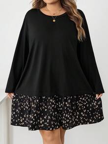 SHEIN CURVE+ 大码女式黑色波尔卡圆点拼接图案侧袋圆领长袖休闲连衣裙，适合感恩节装扮，秋冬 - 彩色 - 查看 8