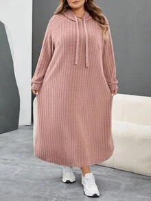 SHEIN CURVE+ Plus Size Women's Ribbed Fabric Long Sleeve Hooded Loose Dress