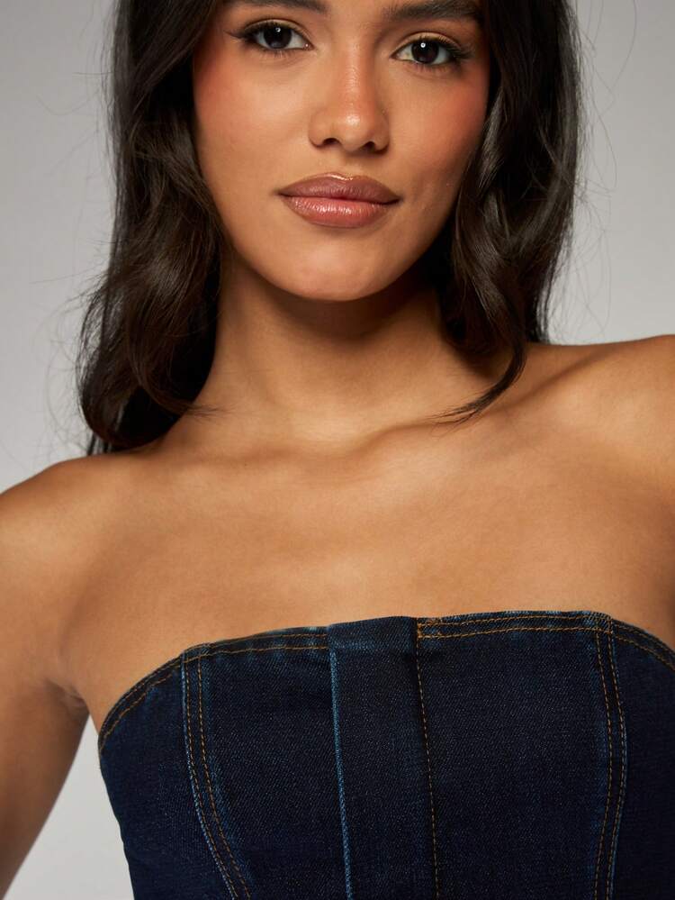 MISSGUIDED Cotton Strapless Denim Bandeau Corset Style Top With Contrast Stitching Perfect For Festival Summer Y2K Fashion Evening Party Club Wear