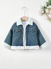 Young Girl' Blue Denim Fleece Lined Loose Fit Long Sleeve Short Jacket,Adding Fleece And Thickening For Warmth   Jacket Fall Winter