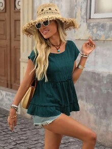 Brillora Blusa de manga de murciélago con volantes en el bajo, blusas de manga corta - Verde Oscuro - Ver 4