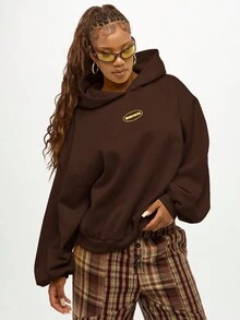 SUMWON WOMEN Áo hoodie thời trang dáng rộng, thiết kế ngắn, tay dài, thường ngày, áo chui đầu có mũ trùm đầu, in họa tiết ở lưng, phong cách đường phố cổ điển, thu đông - màu nâu - Xem 6