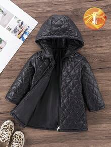 SHEIN Áo khoác dài có mũ trùm đầu đệm họa tiết hình thoi dành cho bé gái kèm thắt lưng, mùa đông - màu đen - Xem 7
