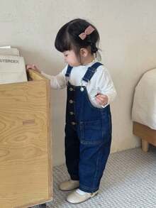 SHEIN 女婴海军蓝色牛仔背带锥形裤 - 深色水洗藍 - 查看 5