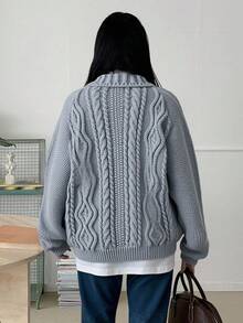 Livesso Áo khoác cardigan dệt kim màu trơn đơn giản, rộng rãi, thoải mái cho nữ, có ve rộng, phù hợp cho mùa thu đông - Xám - Xem 5