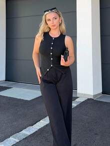Jeta Ari Women Casual Slim Ribbed Split Back Camisole - Black - View 6