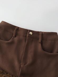 GlowEve Coffee Color Patchwork Faux Fur A-Line High Waist Mini Skirt, Autumn/Winter - Coffee Brown - View 4