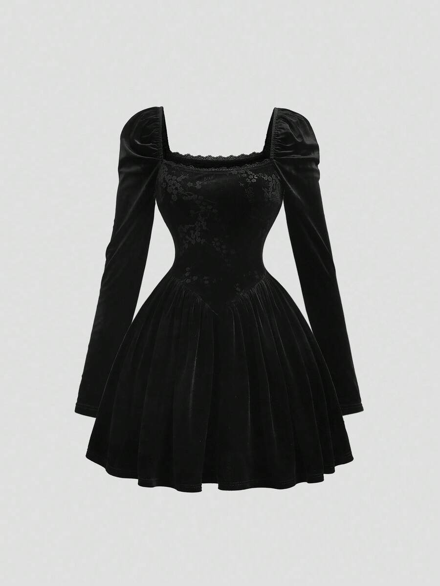 Sweetra 女士新款春秋通勤、日常、旅行、活动、宴会天鹅绒拼布压花天鹅绒优雅小黑裙，方领荷叶边长袖收腰褶皱 A 字迷你连衣裙 - 黑色 - 查看 1