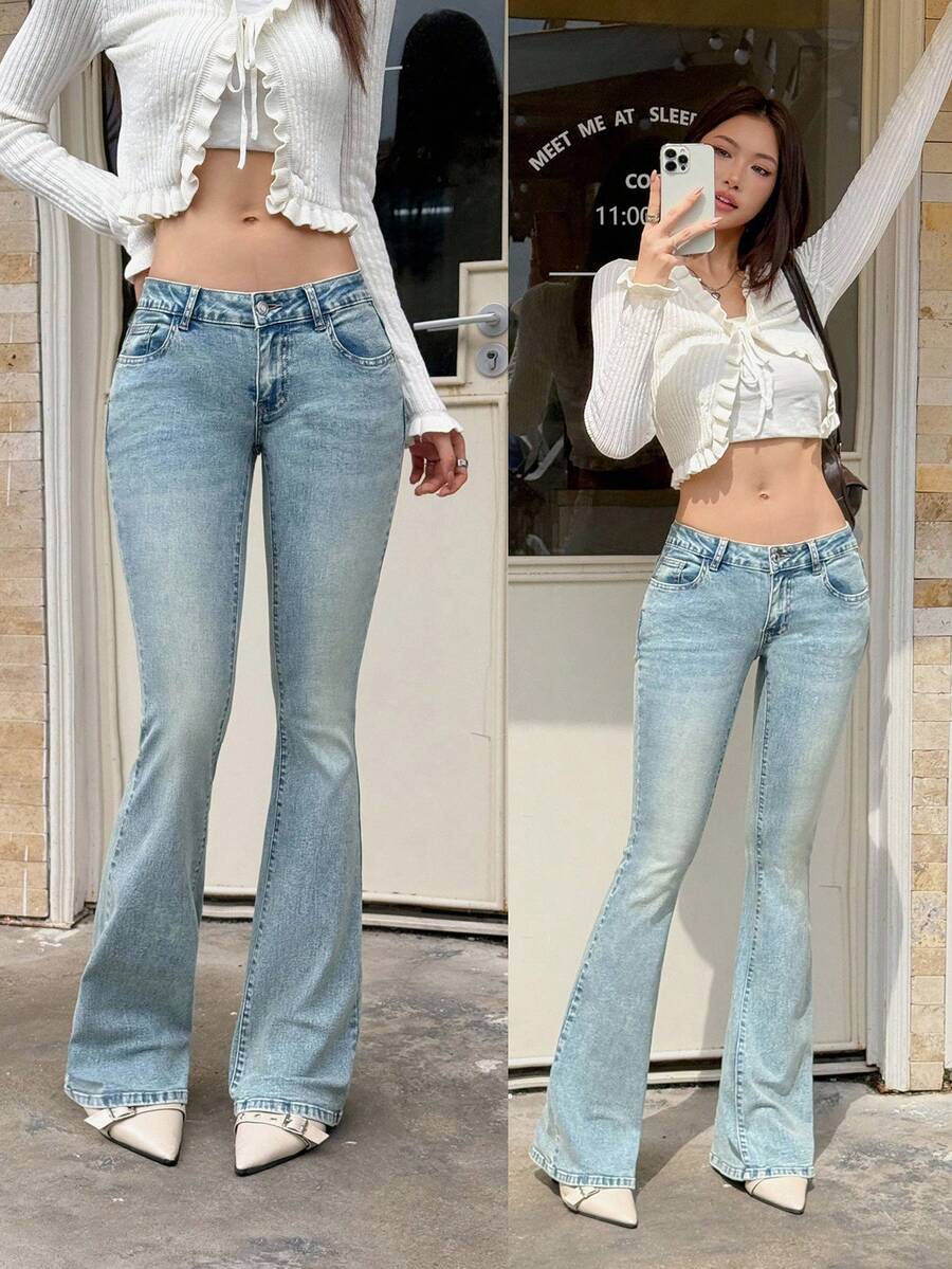 Rivivi Women's Casual Washed Low-Waist Flare Leg Jeans