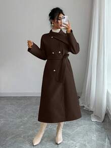 Elenzga 女士纯色双排扣羊毛大衣，时尚通勤，秋冬 - 咖啡棕 - 查看 5