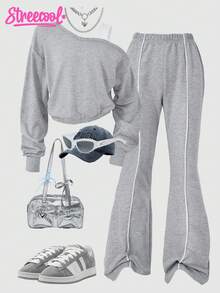 SHEIN Explorewe 2 件套女童斜肩短款上衣和喇叭裤，配撞色滚边，时尚秋冬装 - 灰色 - 查看 1