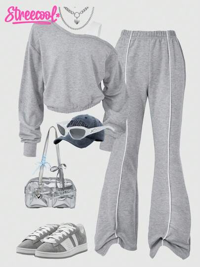 SHEIN Explorewe 2 件套女童斜肩短款上衣和喇叭裤，配撞色滚边，时尚秋冬装