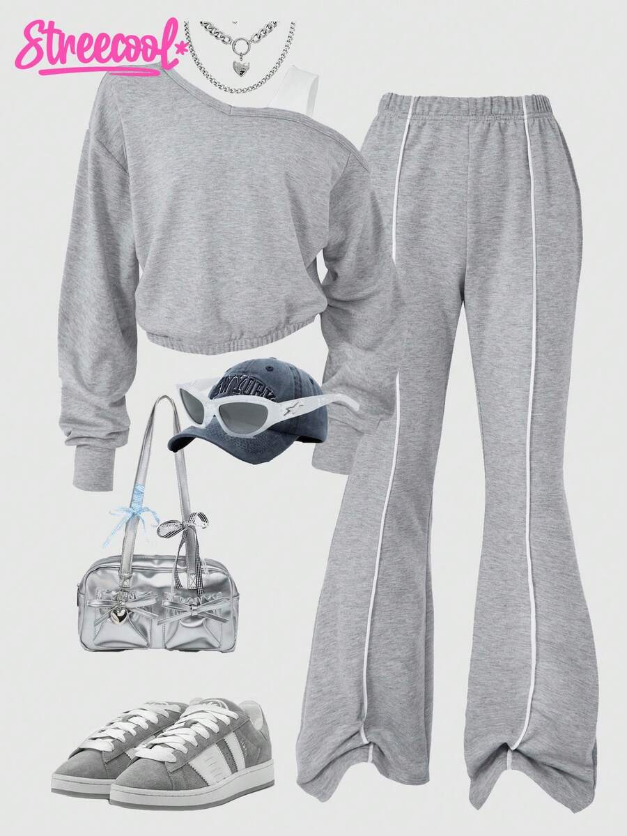 SHEIN Explorewe 2 件套女童斜肩短款上衣和喇叭裤，配撞色滚边，时尚秋冬装 - 灰色 - 查看 1