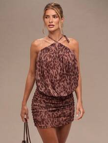 SHEIN BAE Summer Autumn Sexy Leopard Print Swing Neck Hip Shrink Mini Backless Dresses,Vacation Outfits Women,Mini Dress ,Sexy Dress,Beach Vacation Outfits,Halloween Clothes Women ,Halloween Costume