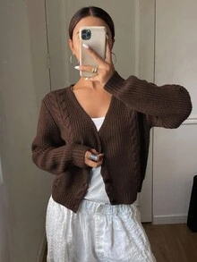 DAZY Nuevo cárdigan corto de punto con twist para mujer de otoño - Marrón - Ver 3