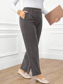 Miaspire Plus Size Women's Casual Daily Black Long Pants With Pockets/Winter Fall - Dark Grey - View 5