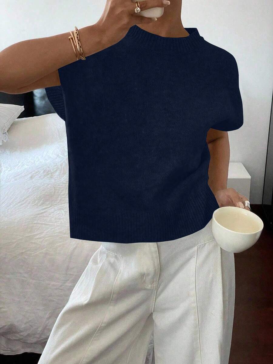 Siren Gaze 女式法式休闲短袖针织上衣，秋冬海军蓝 - 寶藍色 - 查看 1