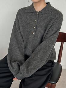 FRIFUL 女式 Polo 领半拉链金属纽扣装饰宽松灯笼袖撞色毛衣 - 灰色 - 查看 6