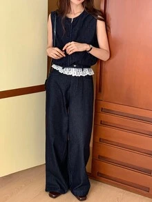DAZY 女士夏季圆领蕾丝拼接无袖开衫背心配直筒牛仔裤休闲套装 - 深色水洗藍 - 查看 4