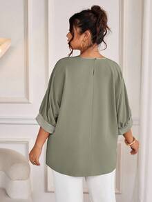 Cravure Plus Size Round Neck 3/4 Sleeve Foil Fabric Patchwork Contrast Color Woven Fabric Cuff Raglan Sleeve Casual Outgoing Holiday Commute Party Pullover Shirt - Green - View 2