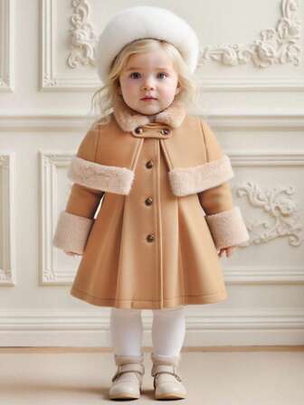SHEIN Baby Girl Cute Khaki Long Cardigan & Shawl Set, Autumn/Winter Fall