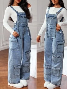 SHEIN Tall 女式秋冬工装口袋阔腿宽松休闲牛仔连体裤 - 藍色 - 查看 1