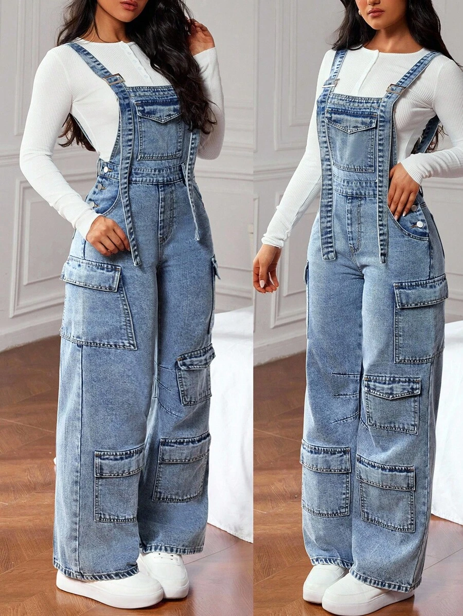 SHEIN Tall 女式秋冬工装口袋阔腿宽松休闲牛仔连体裤 - 藍色 - 查看 1