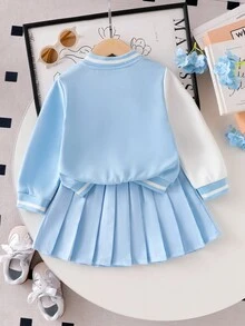 Genkimix Kids Young Girl Letter & Cartoon Print Long Sleeve Baseball Collar Jacket And Pleated Mini Skirt Set, Collegiate Style, Autumn Fall Winter - Blue - View 2