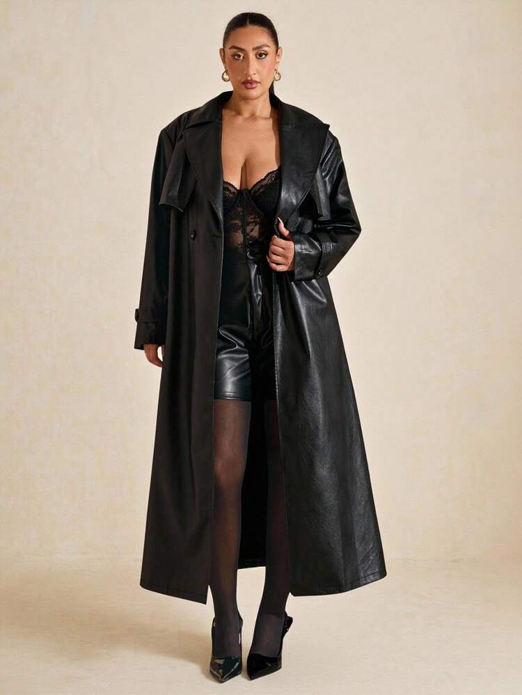 SHEIN BAE Plus Size Solid Color Long Trench Coat, Suitable For Commuting In Fall Winter, Winter , Winter For Women Curve, Autumn , Fall For Women Curve, Halloween Costumes, Christmas Women's , New Year For Women Curve, Thanksgiving For Women Curve, PU Leather Windbreaker  And Warm - Black - View 10
