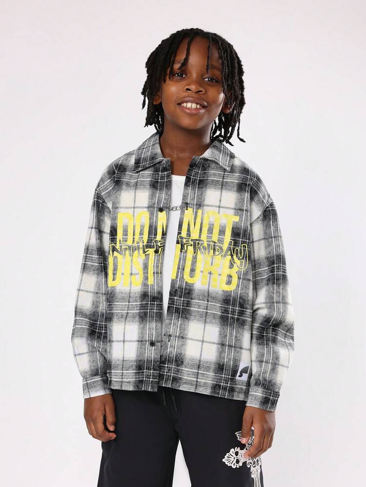Plaid Flannel Shirt With Yellow Text Print