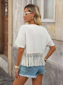 Brillora Màu thuần Vòng cổ Dệt kim Sọc Áo thun - Màu be - Xem 2