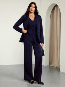 SHEIN Tall 3 件套：深蓝色长袖西装外套、背心和裤子，性感通勤和约会装，秋冬 - 藏蓝色 - 查看 5