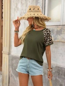 Brillora Camiseta De Manga Corta Con Cuello Redondo Y Manga Raglán Con Estampado De Leopardo Para Mujer - Verde militar - Ver 4