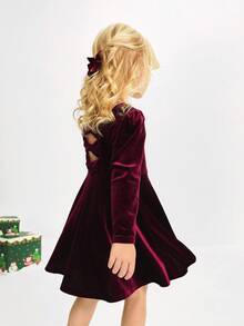 SHEIN Mädchen elegantes, süßes Party Weihnachts-Strickkleid aus Samt mit langen Puffärmeln, Schleife am Rücken und Mesh-Einsätzen, rot, geeignet für Kinder Freizeitmode, Rückkehr zur Schule, Eröffnungszeremonie, Alltagsmode, Schule, Reisen, Sport, Herbst/Winter - Bordeaux - Übersicht 4