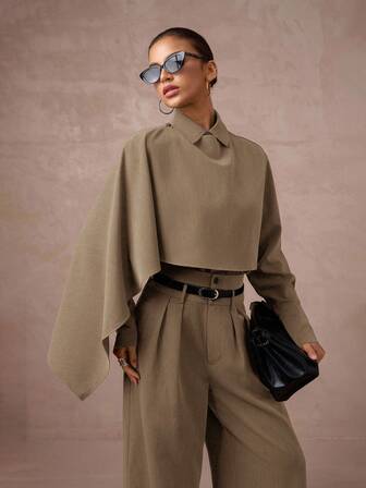 Lumalex 2 件套女式高腰收腰中长款西装外套，带斗篷袖，秋冬装