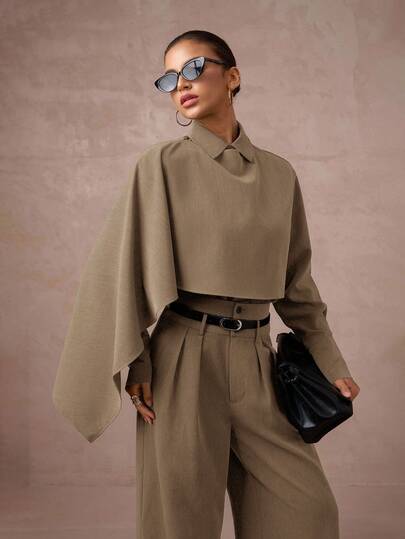 Lumalex 2 件套女式高腰收腰中长款西装外套，带斗篷袖，秋冬装