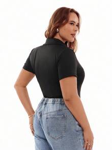 Solavibe Plus Size Solid Color Turn-Down Collar Short Sleeve Bodysuit, Summer - Black - View 5