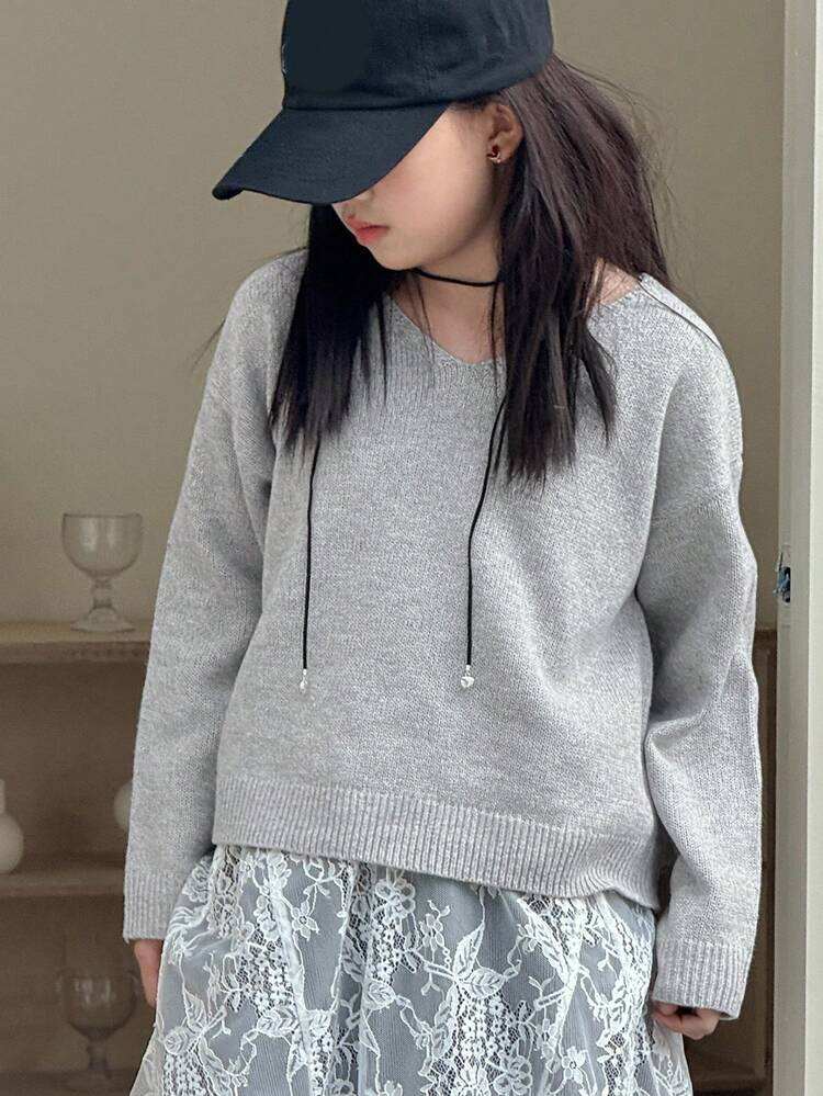 Tween Girls V-Neck Solid Color Pullover Sweater, Fall