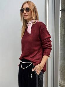 Vivie Lora 女士酒红色宽松圆领毛衣 - 紫色 - 查看 4