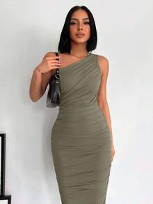 EURMUSE Women's Solid Color Sleeveless Pleated Fitted Midi Dress - Hijau Tentara - View 5