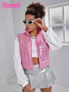 SHEIN Explorewe Teenage Girls Iridescent Short Padded Vest - Hot Pink - View 1
