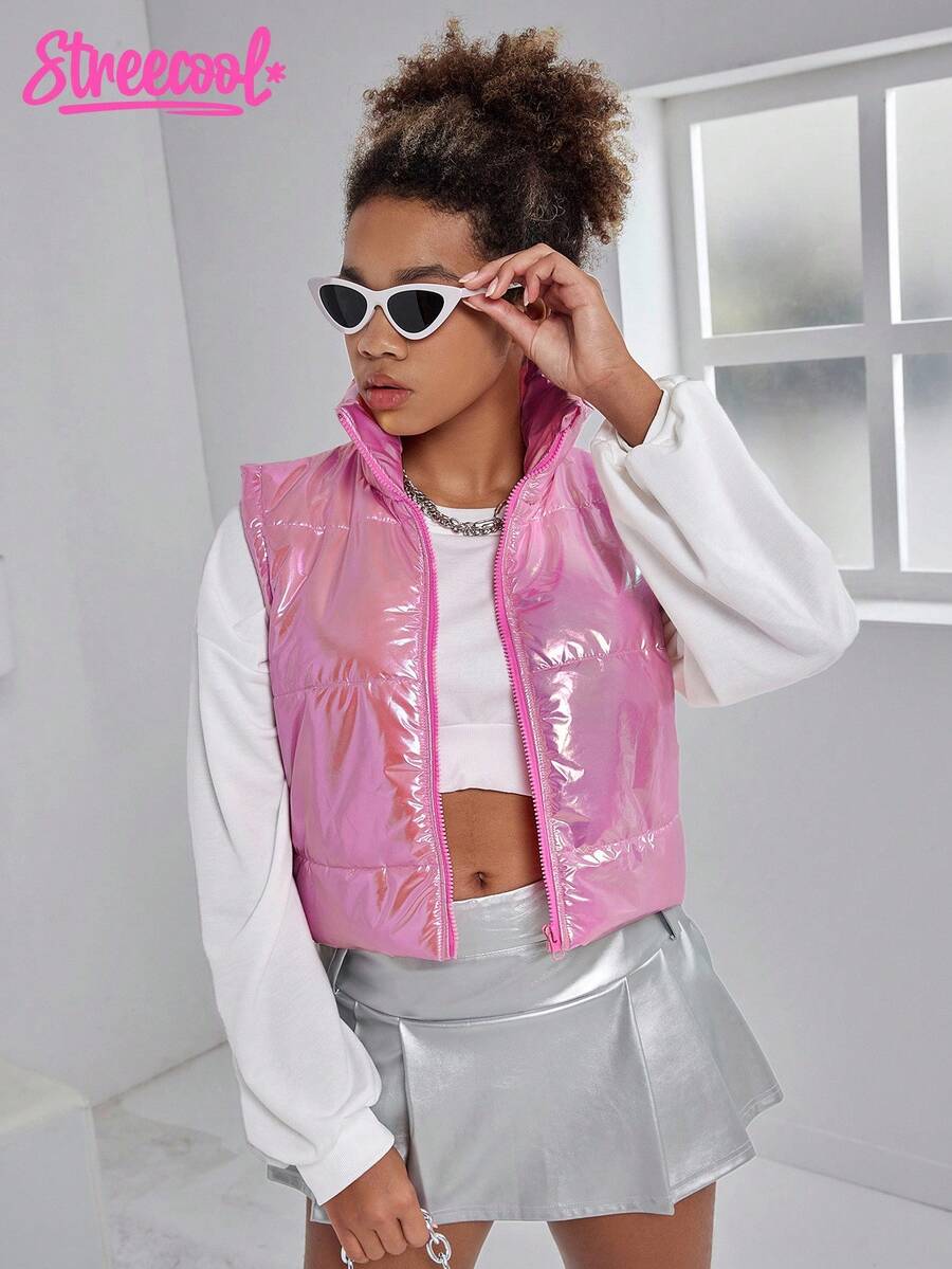 SHEIN Explorewe Teenage Girls Iridescent Short Padded Vest - Hot Pink - View 1