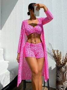 Swim Lushoire Women's 3pcs Beach Summer Outfits Set: Swimsuit + Random Printed Cover-Up - Hot Pink - View 1