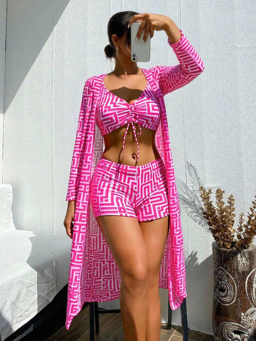 Swim Lushoire Women's 3pcs Beach Summer Outfits Set: Swimsuit + Random Printed Cover-Up - Hot Pink - View 1