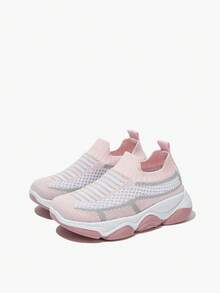 JNSQ 1 Paar Mode Lässig Allround Vielseitig Komfortabel Weichsohlig Atmungsaktiv Kontrastfarbe Rosa Slip-On Mädchen Kinder Athletisch Sneaker Sport Laufschuhe, Schulanfangszeit
