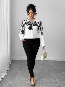 SHEIN Elenzya Blusa feminina plus size, casual, luxuosa, elegante, estampada, estilosa, slim, manga comprida - Preto e Branco - Ver 5